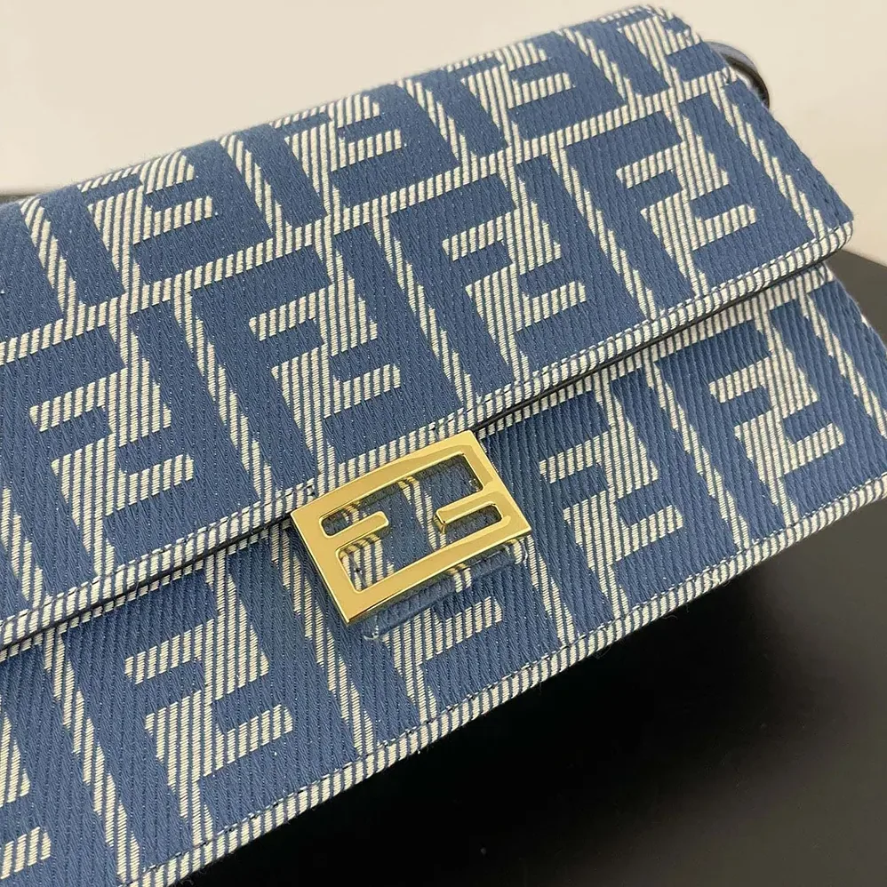 Fendi Wallet On Chain Baguette Blue Denim for Women in effect FF Jacquard Wallet