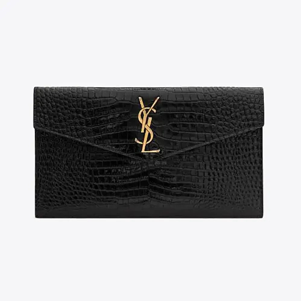Saint Laurent YSL Uptown Pouch in Crocodile-embossed Shiny Leather for Women in Black
