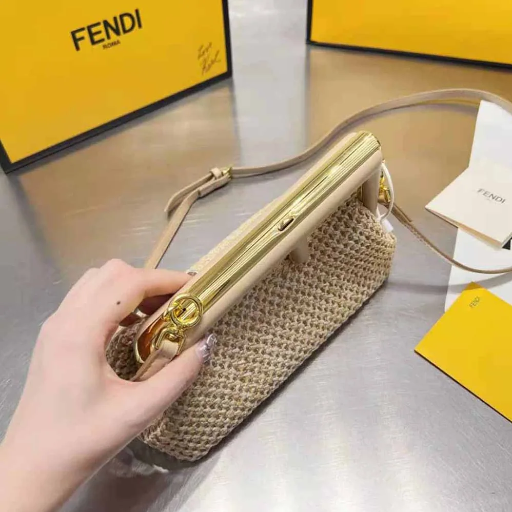 Fendi First Small Beige Raffia Macrame Bag for Women Fendi First Small Beige Raffia Macrame Bag for Women