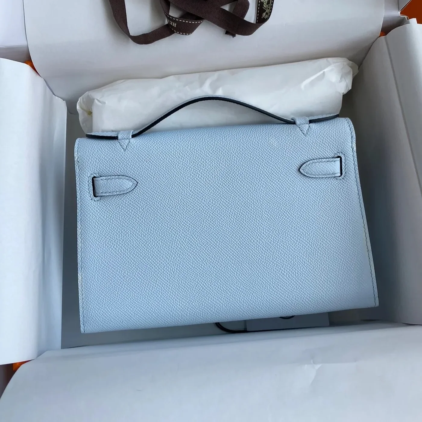 Hermes Kelly Pochette Top Handle Bag / Sky Blue Epsom Palladium Hardware Hermes Kelly Pochette Top Handle Bag / Sky Blue Epsom Palladium Hardware