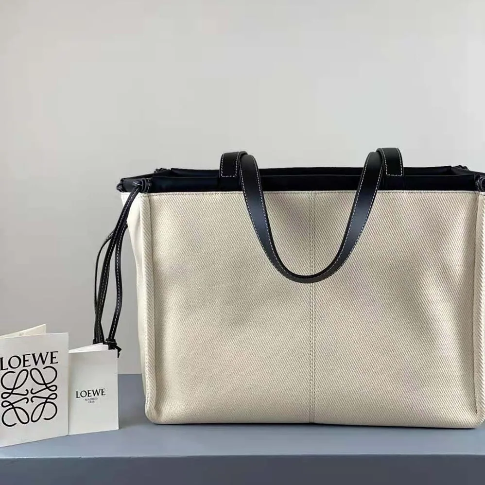 Loewe Cushion Tote Bag in Canvas and Calfskin for Women in Black