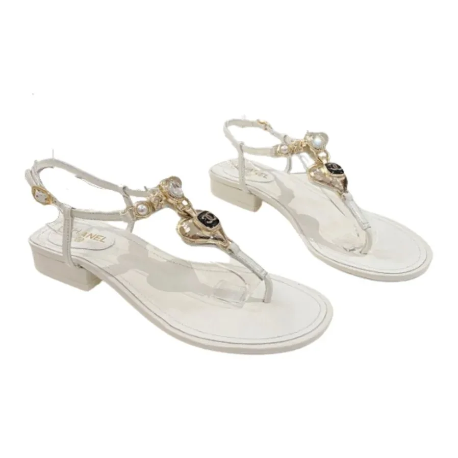 Chanel Crystal Low Heels Flip Flops White