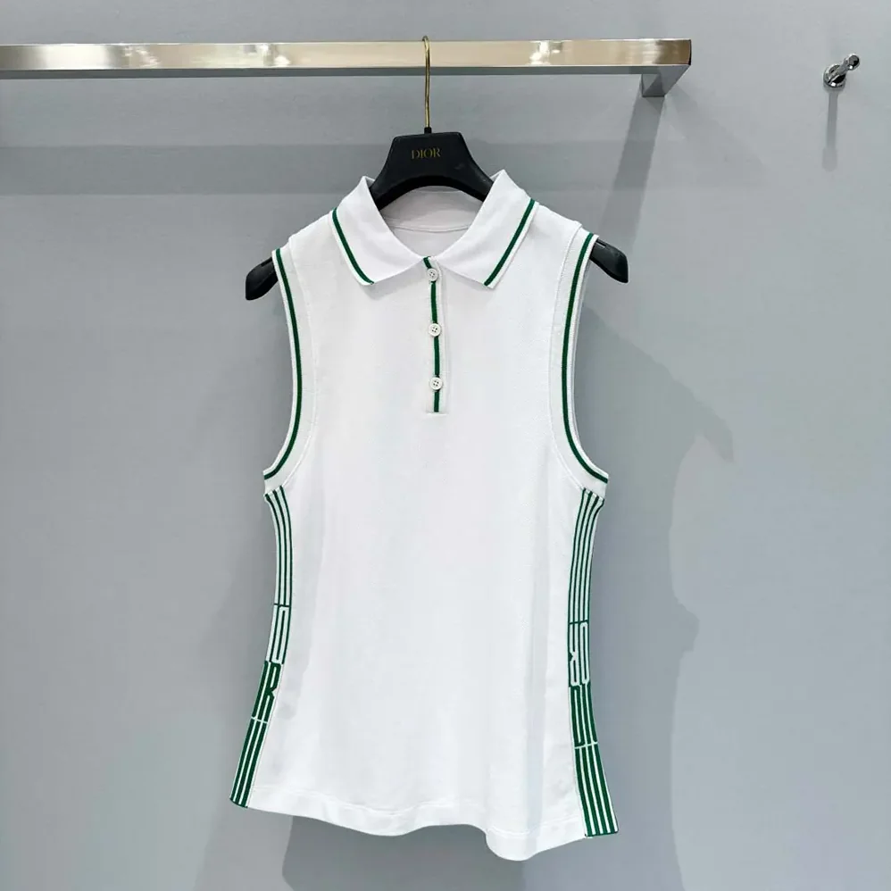 Dior Vibe Sleeveless Polo Shirt White Cotton Jersey with Pine Green Dior Graphique Motif for Women Dior Vibe Sleeveless Polo Shirt White Cotton Jersey with Pine Green Dior Graphique Motif for Women
