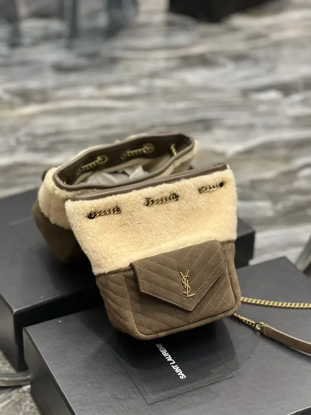 Saint Laurent Oe Mini Bucket Chevrons Brown Saint Laurent Oe Mini Bucket Chevrons Brown