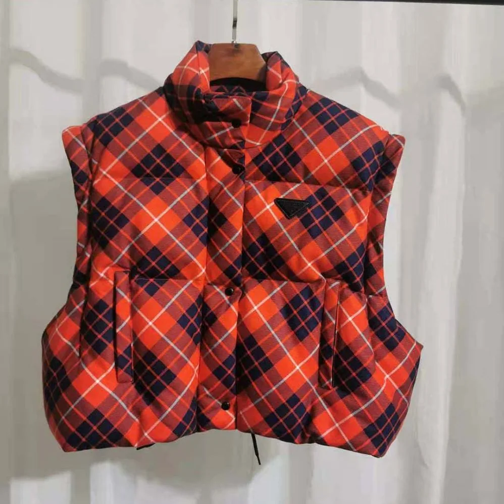 Prada Cropped Plaid Puffer Jacket for Women in Red