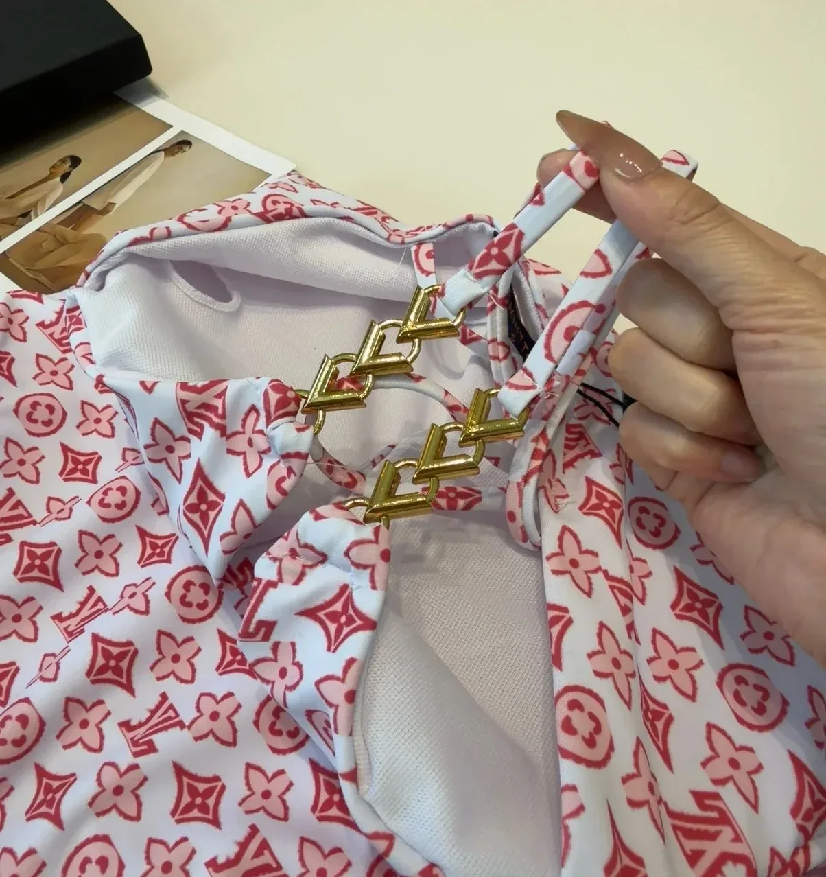 Louis Vuitton Chain Ruched One-Piece Swimsuit Pink/ Red Monogram