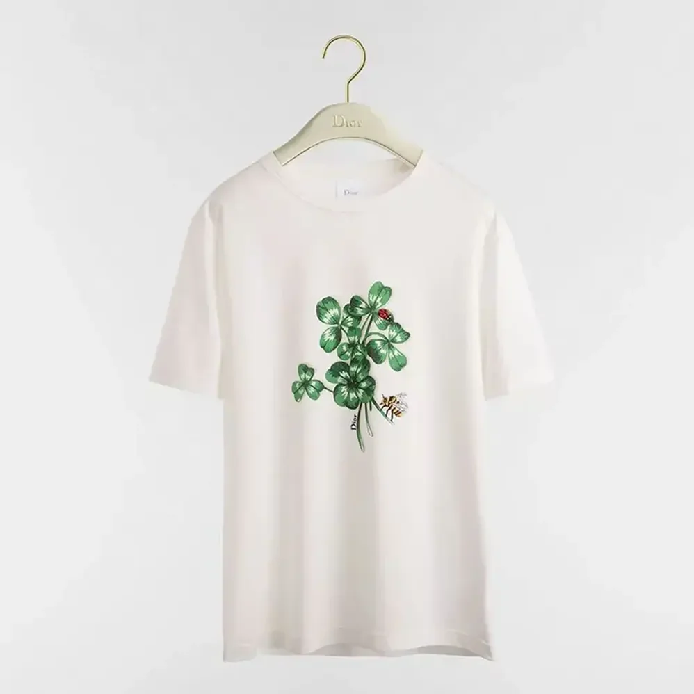 Dior Fitted T-Shirt White Cotton Jersey with Green Dior Clover Motif for Women
