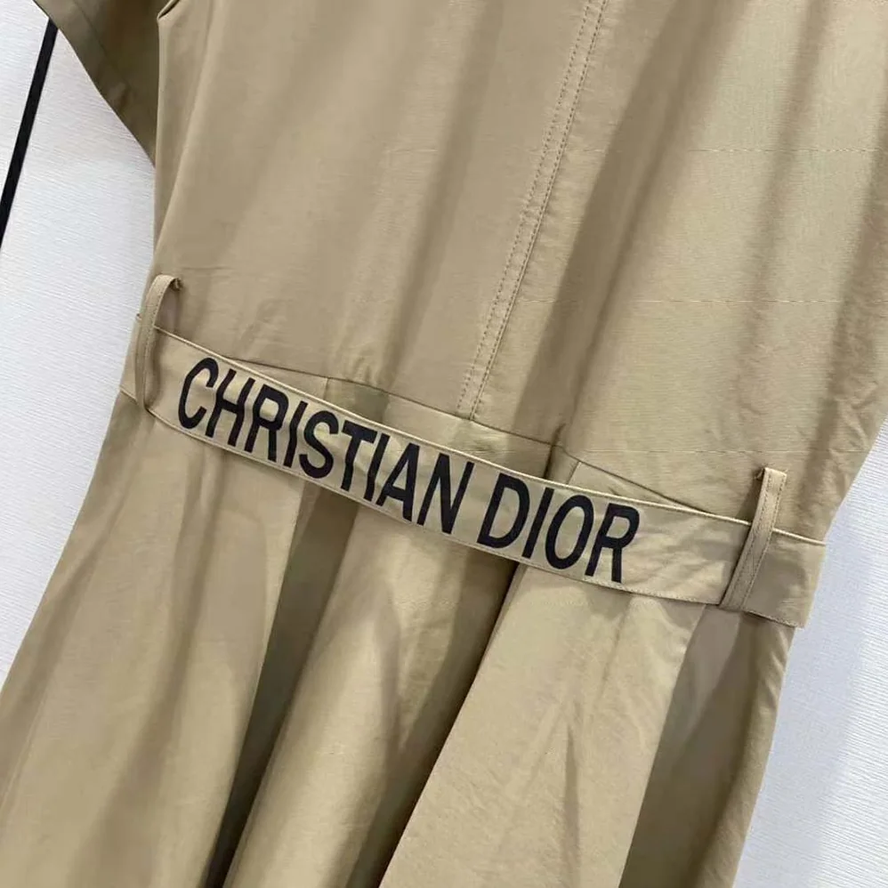 Dior Mid-Length Belted Pleated Dress Beige Technical Cotton Gabardine for Women