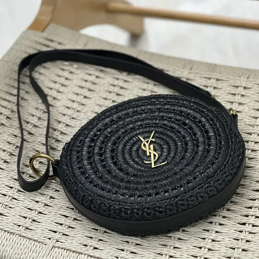 Saint Laurent YSL Round Bag in Raffia and Vegetable-Tanned Leather for Women in Black Saint Laurent YSL Round Bag in Raffia and Vegetable-Tanned Leather for Women in Black