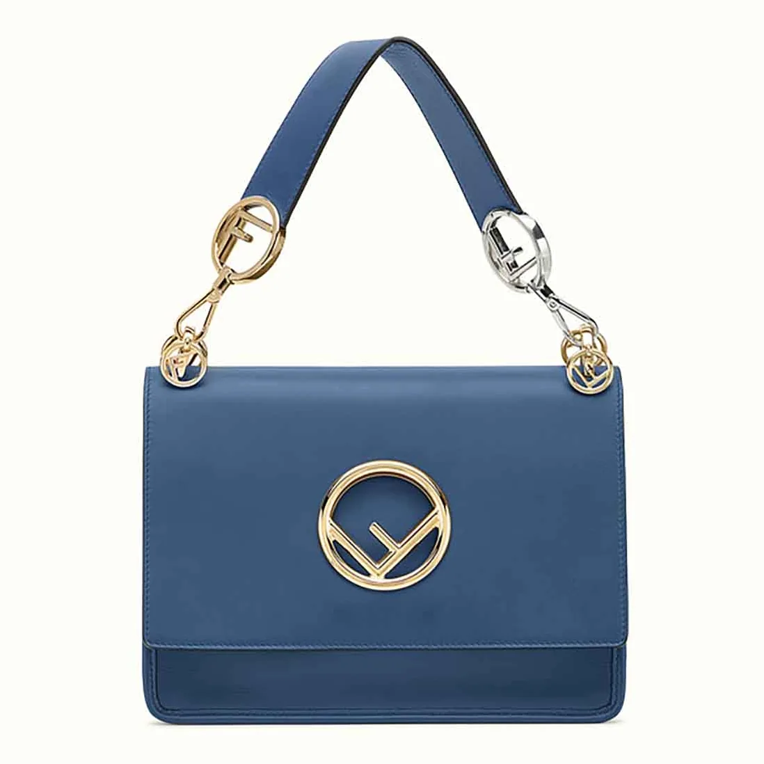 Fendi KAN I F Top Flap Leather Bag with Strap in Navy