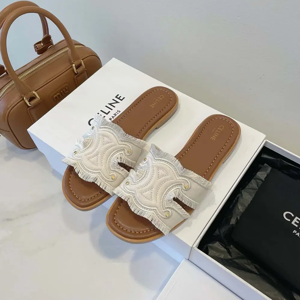 Celine Marina Mule in Fringed Canvas for Women in White