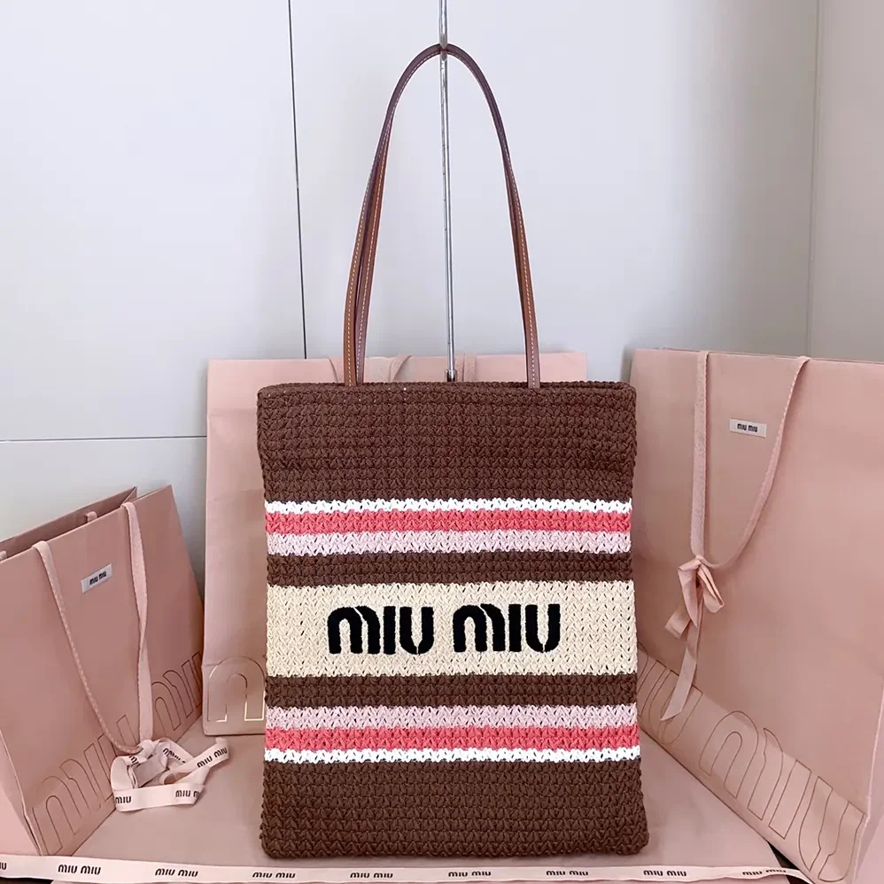 Miu Miu Raffia-Effect Woven Tote Bag for Women in Tobacco/Strawberry/Natural Miu Miu Raffia-Effect Woven Tote Bag for Women in Tobacco/Strawberry/Natural