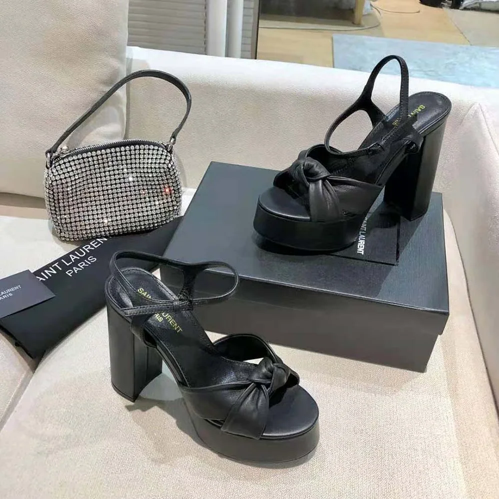 Saint Laurent YSL Bianca Platform Sandals in Smooth Leather for Women in Black