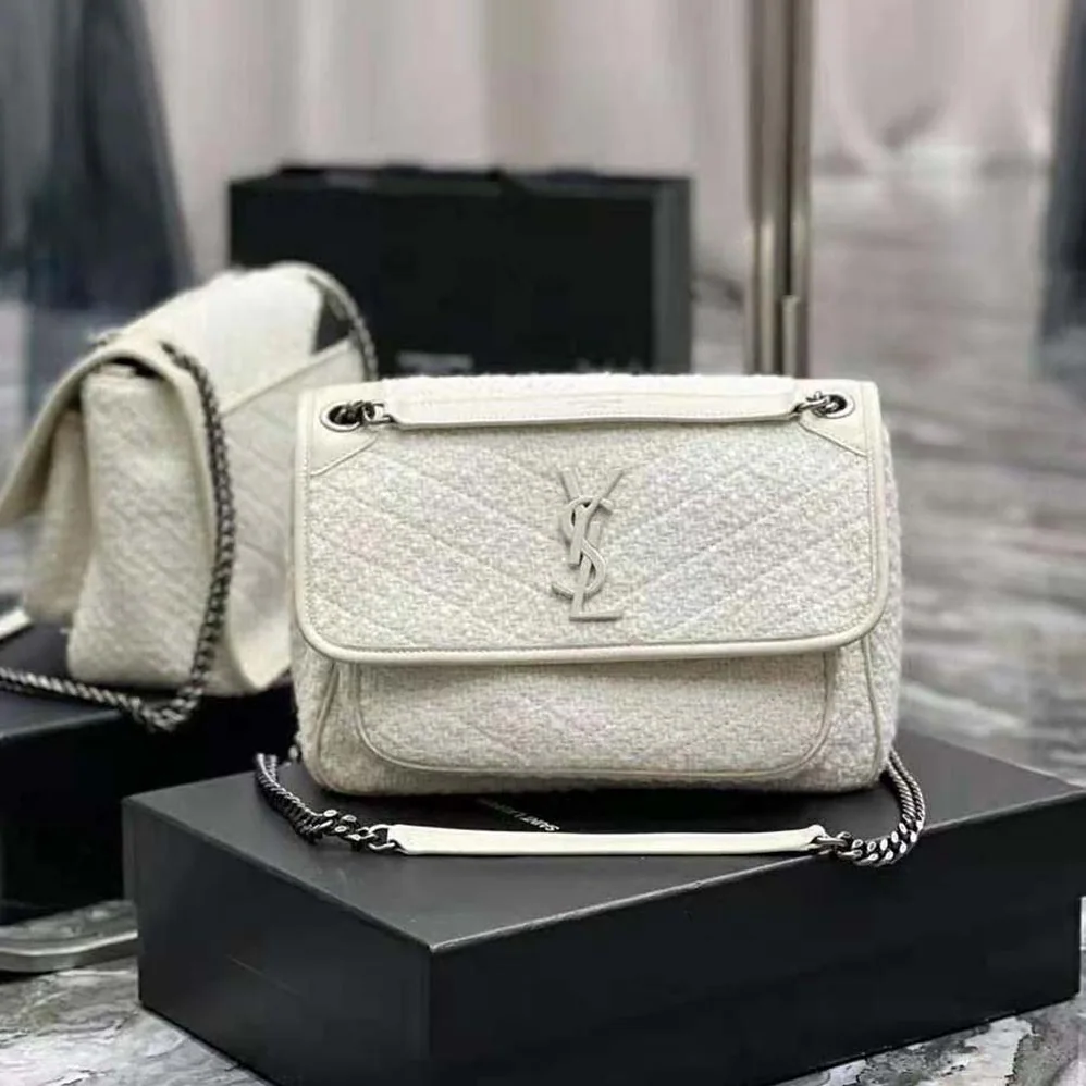 Saint Laurent YSL Niki Medium in Boucle Tweed and Smooth Leather for Women in White