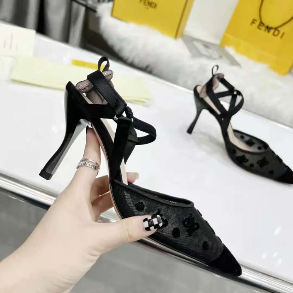 Fendi Colibri Lite High-Heeled Black Mesh and FF Karligraphy Slingbacks for Women Fendi Colibri Lite High-Heeled Black Mesh and FF Karligraphy Slingbacks for Women