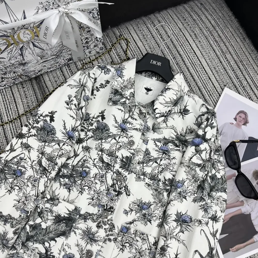 Dior Caro Jacket White Cotton Denim with Blue Dior Chardons Motif for Women Dior Caro Jacket White Cotton Denim with Blue Dior Chardons Motif for Women