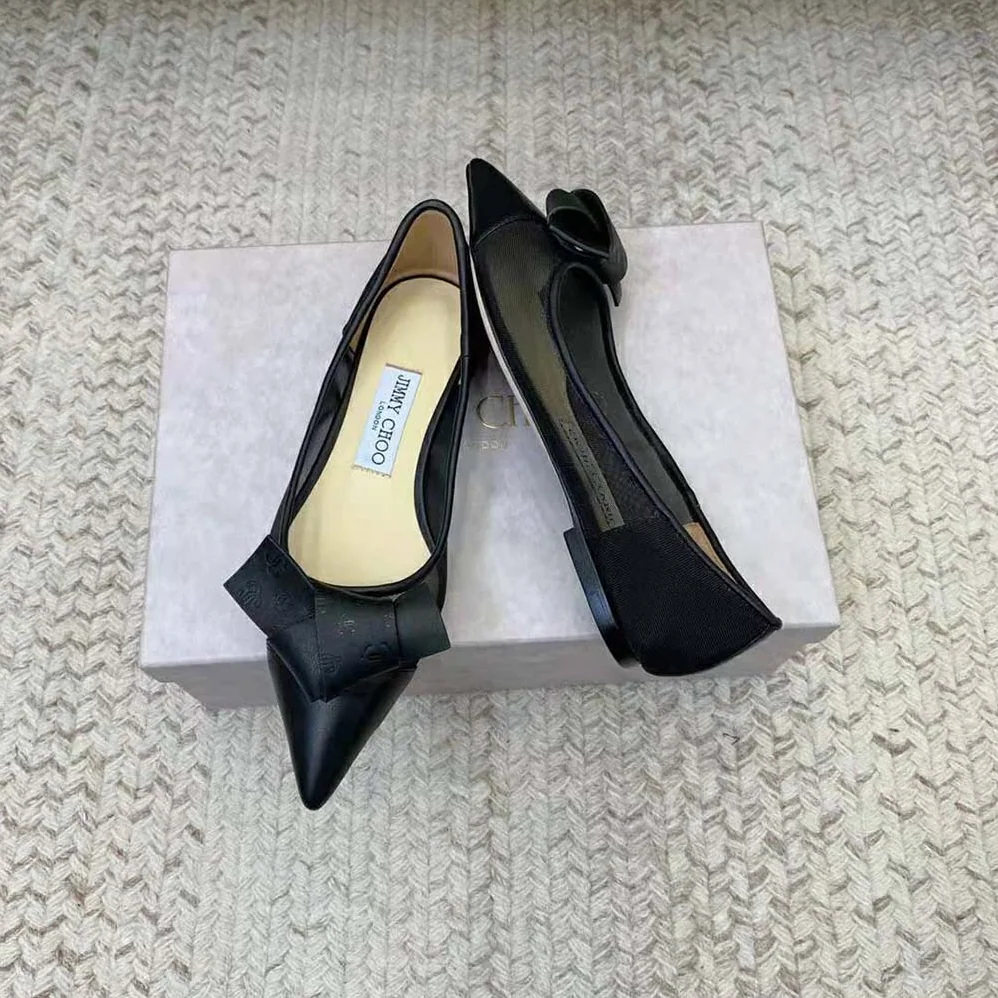 Jimmy Choo Lani Flat Black Mesh Flats with JC Monogram Leather Bow for Women Jimmy Choo Lani Flat Black Mesh Flats with JC Monogram Leather Bow for Women