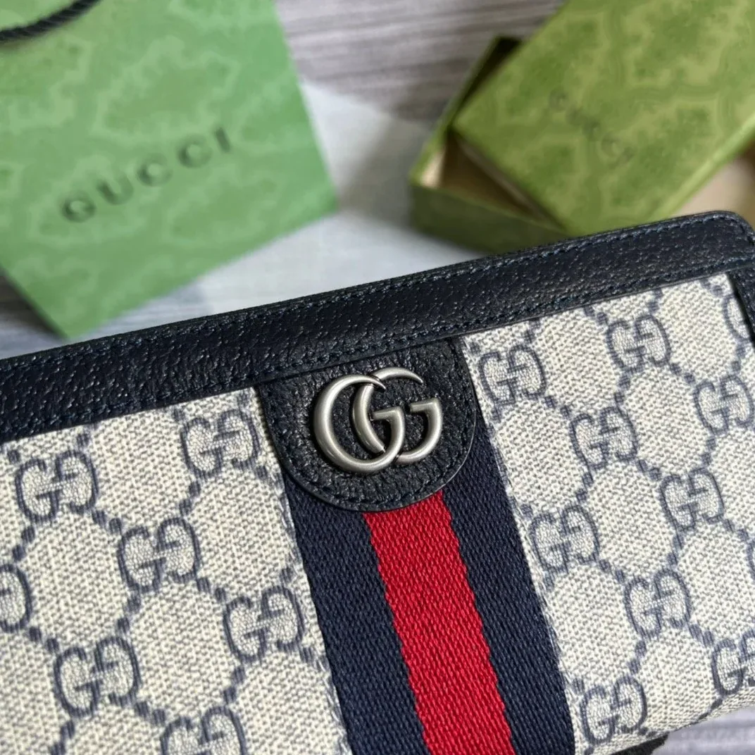 Gucci Ophidia GG Zip-Around Wallet in Beige with Red and Dark Blue Stripes and Silver Hardware , /