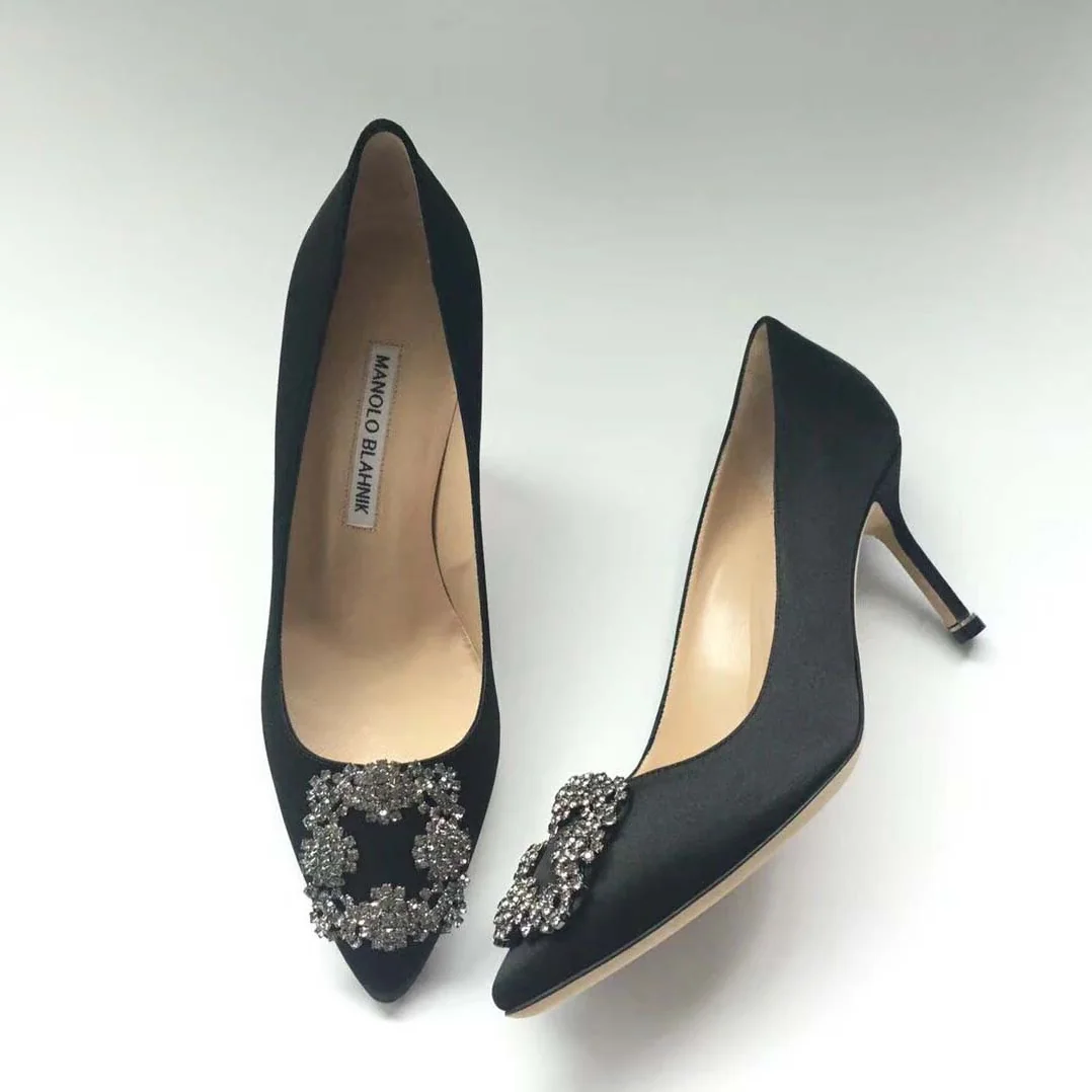 Manolo Blahnik Hangisi 70 Satin Jewel Buckled Pumps Shoes for Women in Black Manolo Blahnik Hangisi 70 Satin Jewel Buckled Pumps Shoes for Women in Black