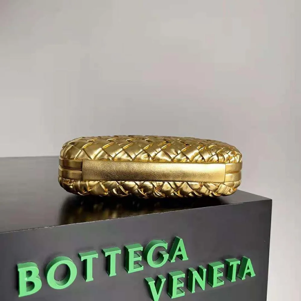 Bottega Veneta Knot Pressed Intreccio Laminated Leather Minaudiere for Women in Gold