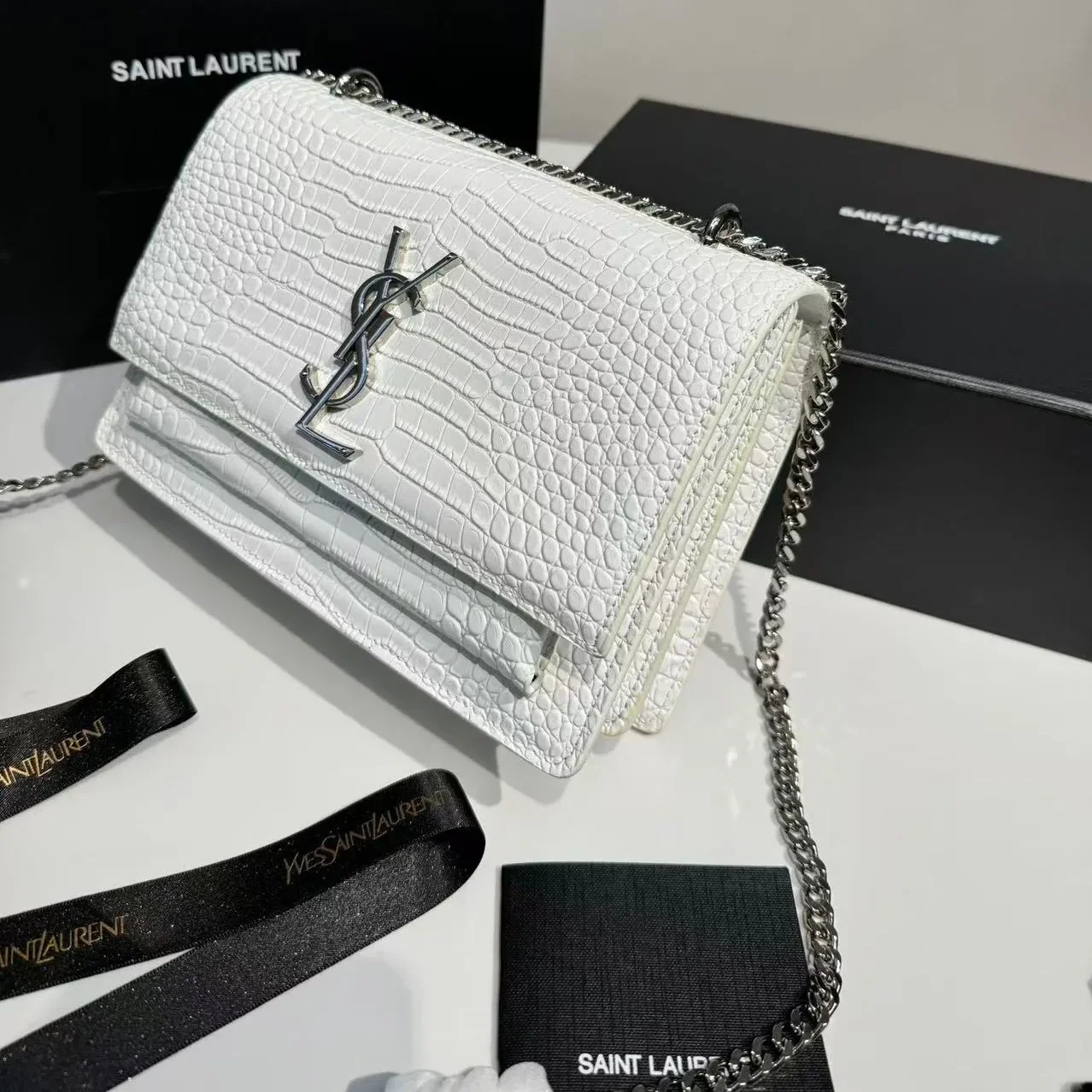 Saint Laurent Sunset Medium Chain Bag in White YSL