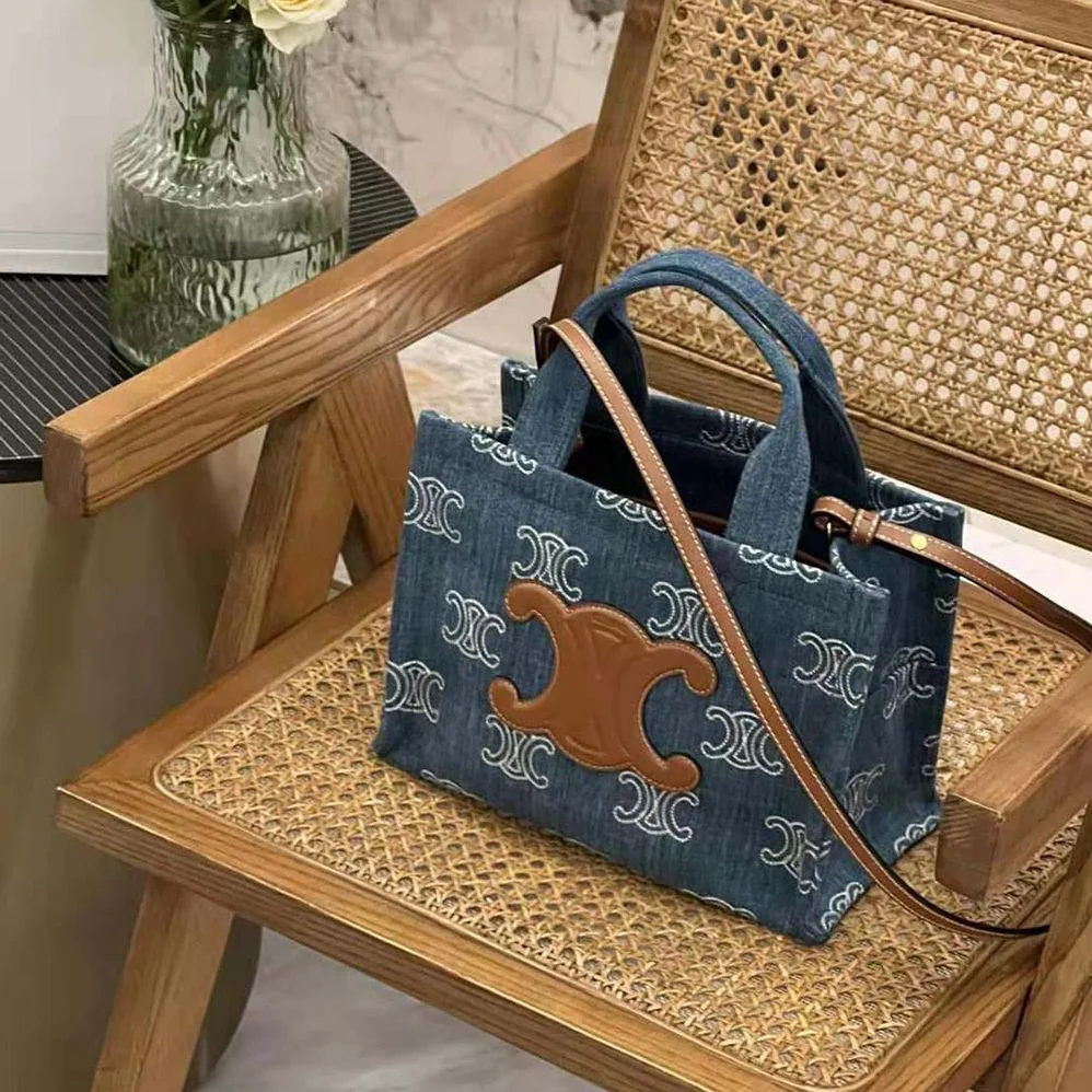 Celine Small Cabas Thais in Denim with Triomphe all for Women in over Embroidery and Calfskin Celine Small Cabas Thais in Denim with Triomphe all for Women in over Embroidery and Calfskin