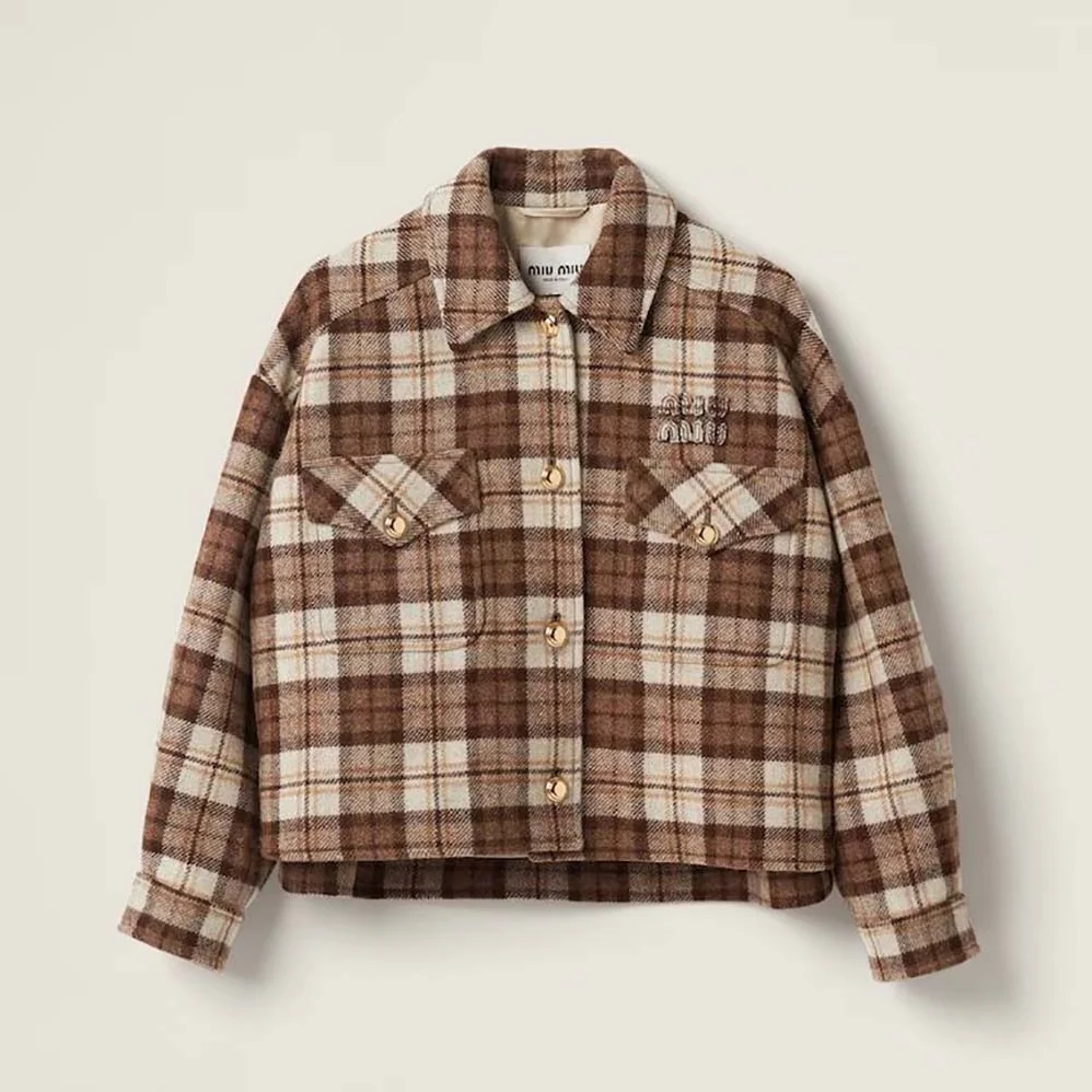 Miu Miu Check Blouson Jacket with Embroidered Logo for Women