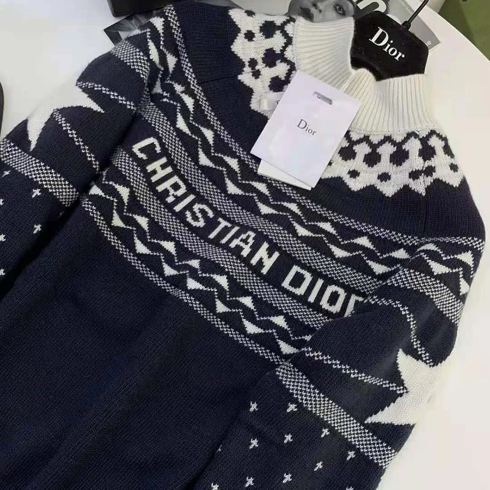 Dior Dioralps Stand Collar Sweater Navy Blue and White Wool and Cashmere Knit for Women Dior Dioralps Stand Collar Sweater Navy Blue and White Wool and Cashmere Knit for Women