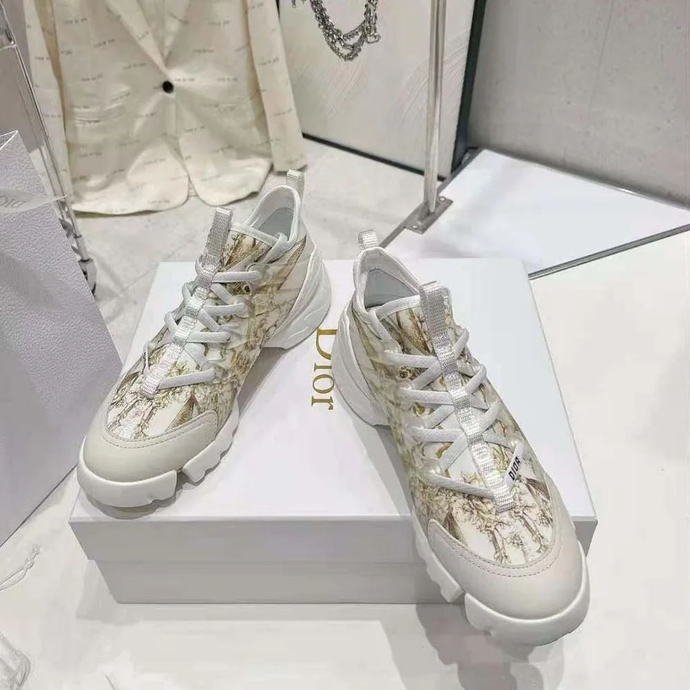 Dior D-Connect Sneaker White and Gold-Tone Technical Fabric with Rêve D'Infini Print for Women