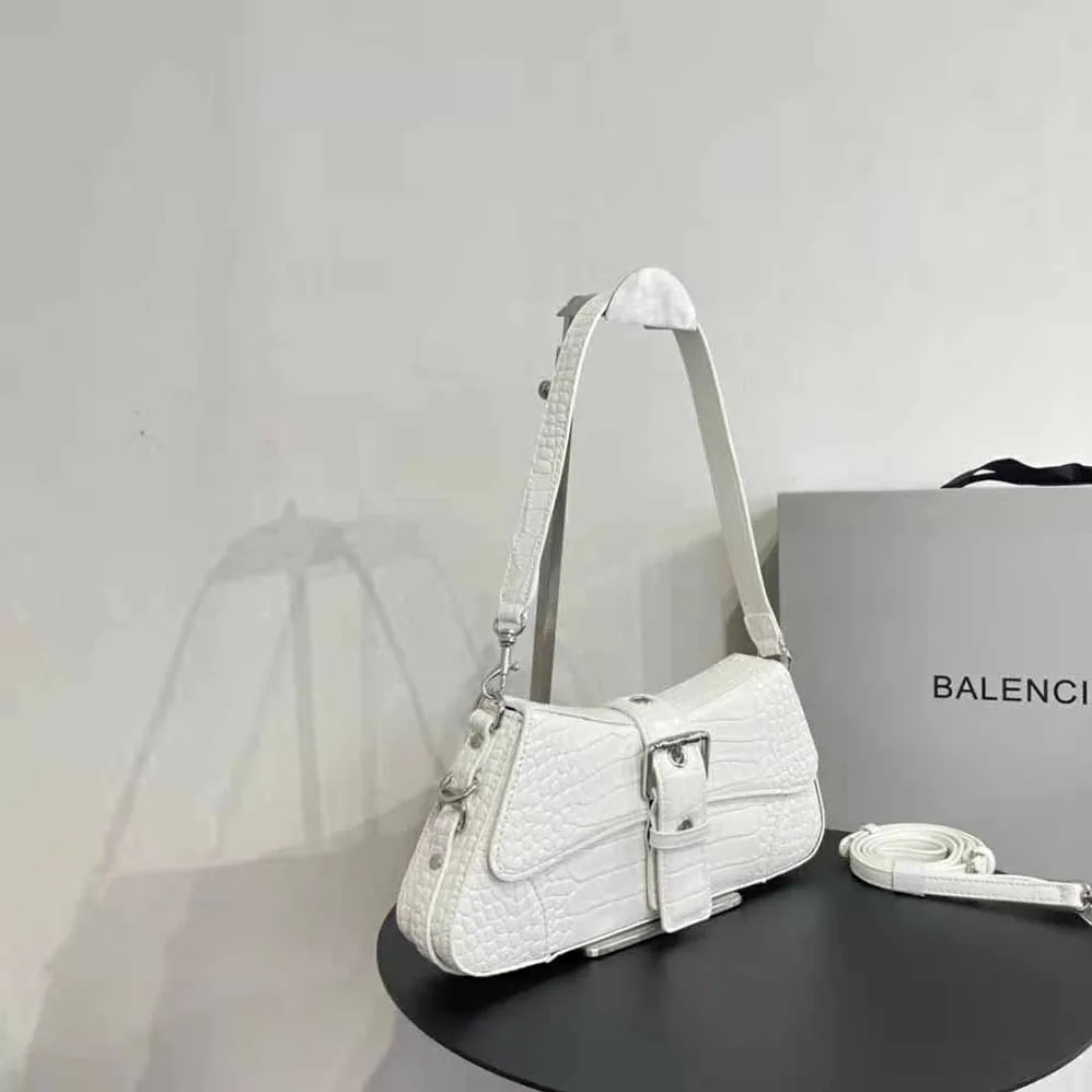 Balenciaga Lindsay Small Shoulder Bag with Strap Crocodile Embossed for Women in White