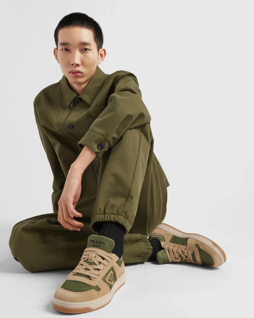 Prada Downtown Delavé Suede And Re-Nylon Sneakers Ecru/Military 2EE364_3KUY_F03TK_F_D002 Prada Downtown Delavé Suede And Re-Nylon Sneakers Ecru/Military 2EE364_3KUY_F03TK_F_D002