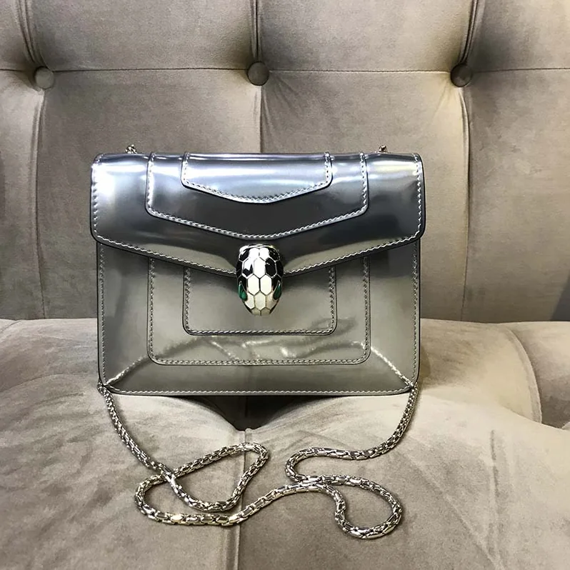 Bvlgari Serpenti Forever Medium Flap Cover Bag Metallic Calfskin in Silver