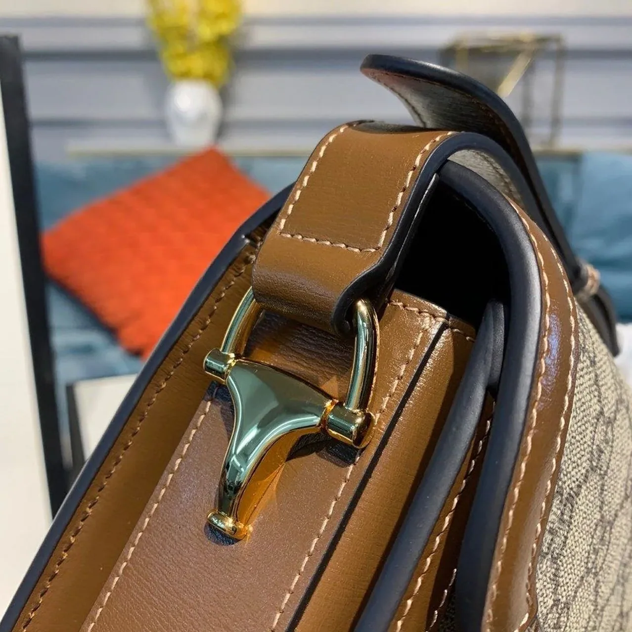 Gucci Horsebit 1955 Shoulder Bag Beige/Ebony GG Supreme Canvas With Brown / Gucci Horsebit 1955 Shoulder Bag Beige/Ebony GG Supreme Canvas With Brown /