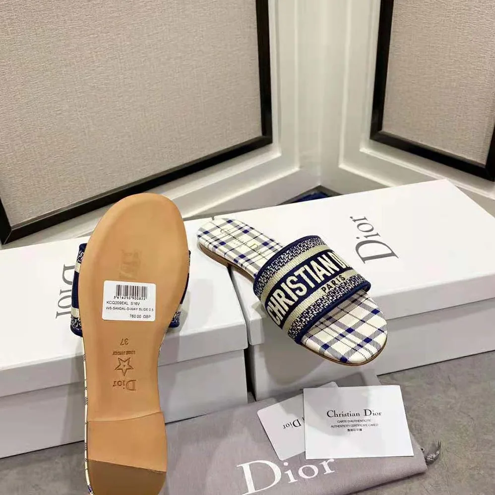 Dior Dway Slide French Blue Check n Dior Embroidered Cotton for Women Dior Dway Slide French Blue Check n Dior Embroidered Cotton for Women