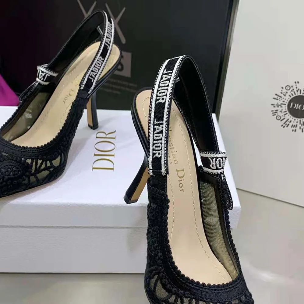 Dior J Adior Slingback Pump Black Macramé Embroidered Cotton for Women Dior J Adior Slingback Pump Black Macramé Embroidered Cotton for Women