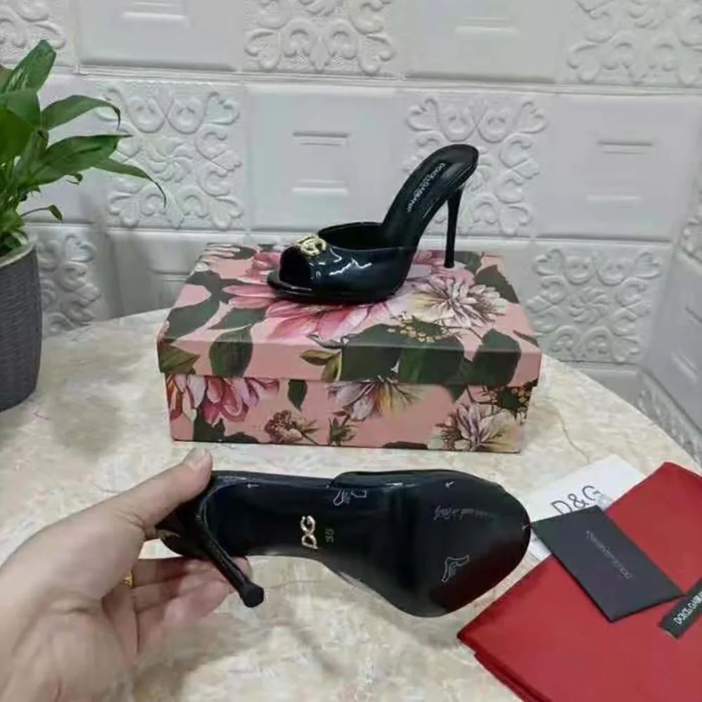 Dolce Gabbana D&G Patent Leather Mules with DG Logo for Women in Black