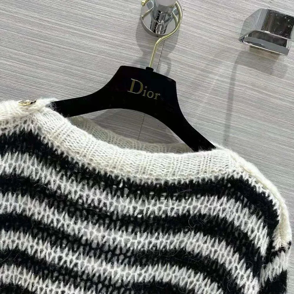Dior Marinière Sweater Navy Blue and Ecru Wool Cashmere and Silk Knit with D for Women in Stripes Motif