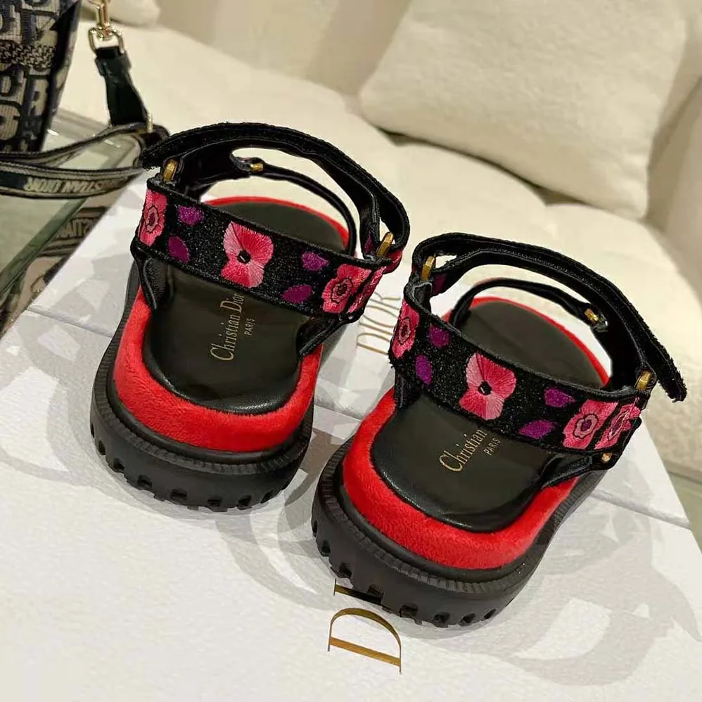 Dior D-wave Sandal Indy Pink Multicolor Cotton with Jardin Indien Embroidery for Women