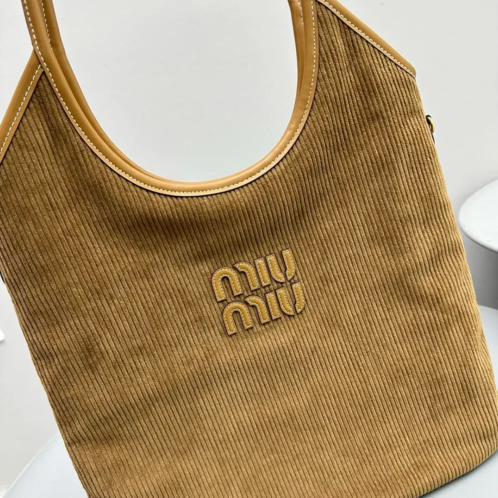 Miu Miu IVY Corduroy Bag with Leather Lettering Logo for Women in Brown Miu Miu IVY Corduroy Bag with Leather Lettering Logo for Women in Brown