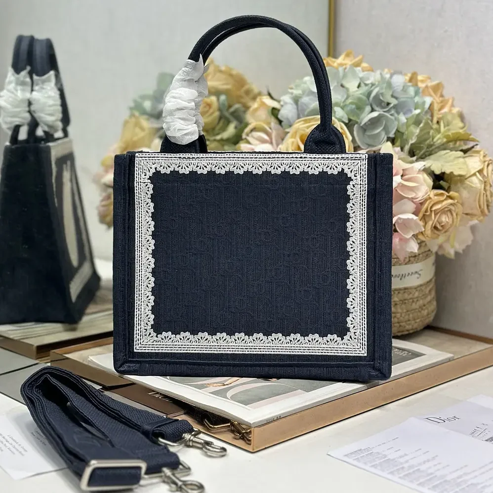 Dior Small Dior Book Tote with Strap Blue Dior Oblique Embroidery with White Lace and Dior Médaillon for Women Dior Small Dior Book Tote with Strap Blue Dior Oblique Embroidery with White Lace and Dior Médaillon for Women