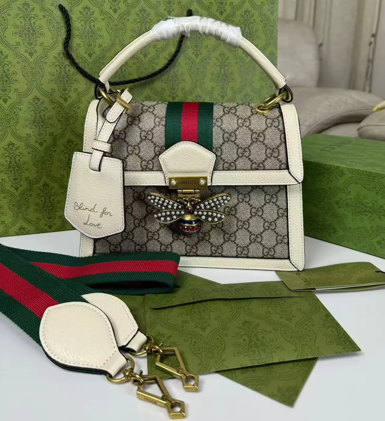 Gucci Queen Margaret GG Small Top Handle Bag / Beige And Ebony GG Supreme Canvas