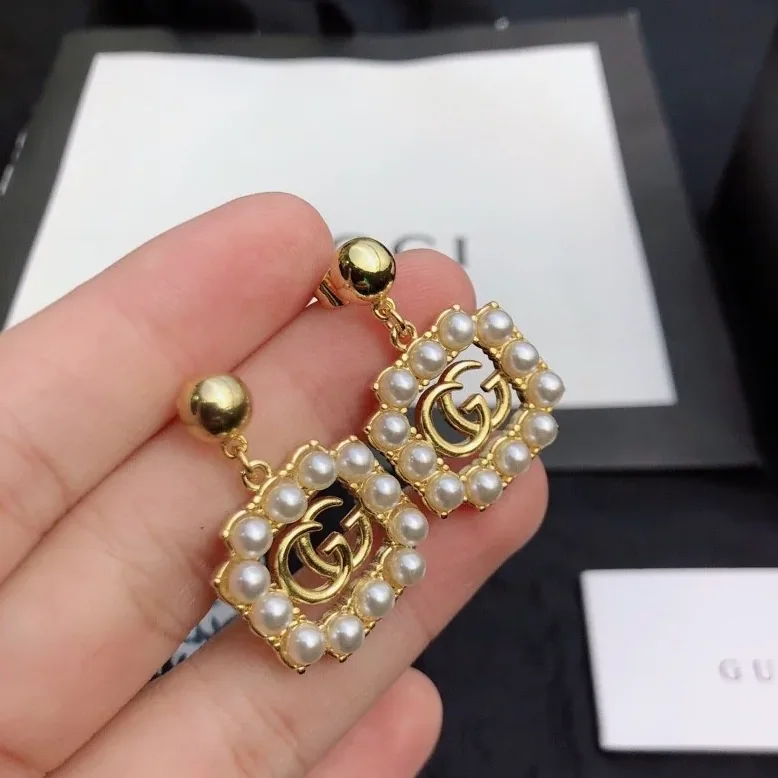 Gucci Mini Pearl Border Frame Earrings Gold Tone