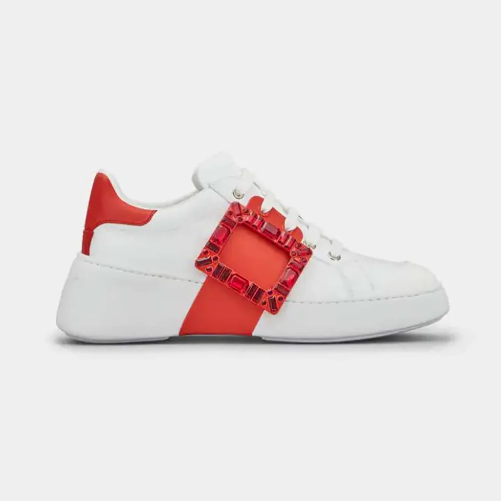Roger Vivier Viv Skate Strass Buckle Sneakers in Soft Leather for Women in Red