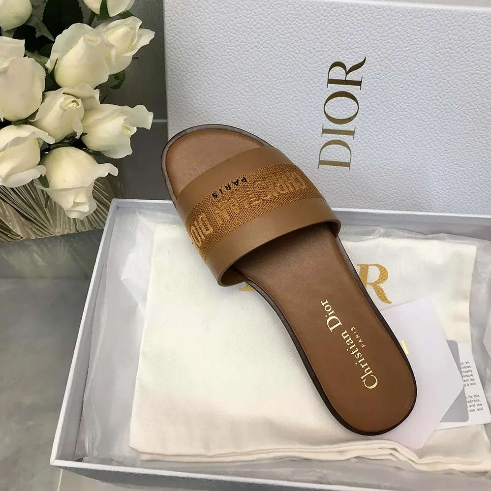 Dior Dway Slide Camel Calfskin and Embroidered Cotton for Women