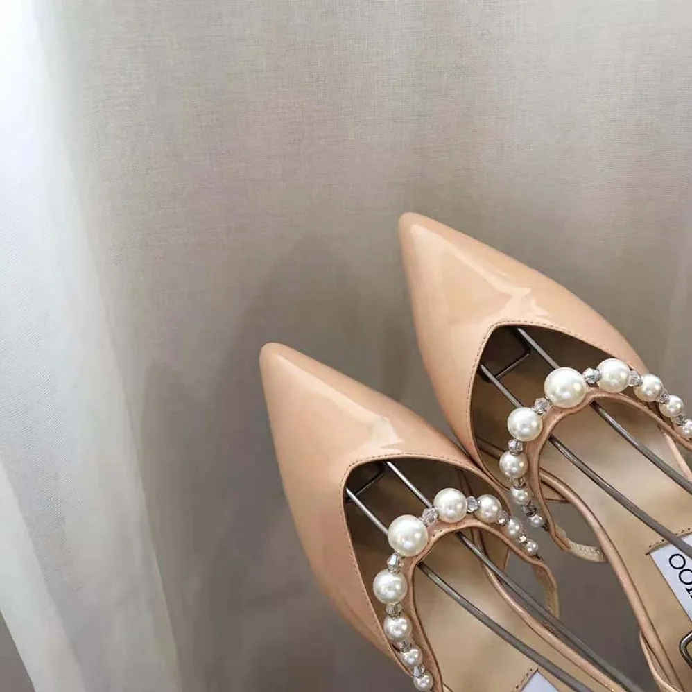 Jimmy Choo Aurelie 85 Ballet Pink Patent Leather Pointed Pumps with Pearl Embellishment for Women