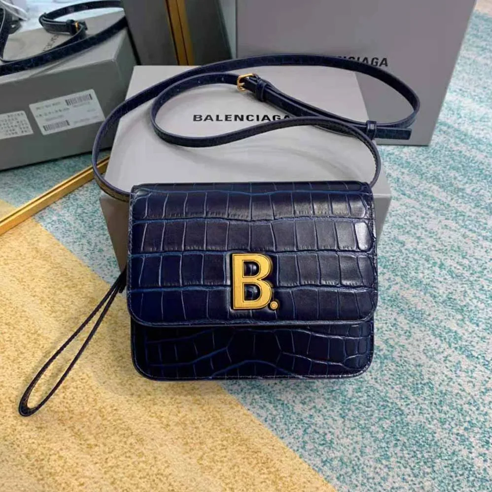 Balenciaga B. Small Bag in Black Crocodile Embossed Calfskin for Women in Navy