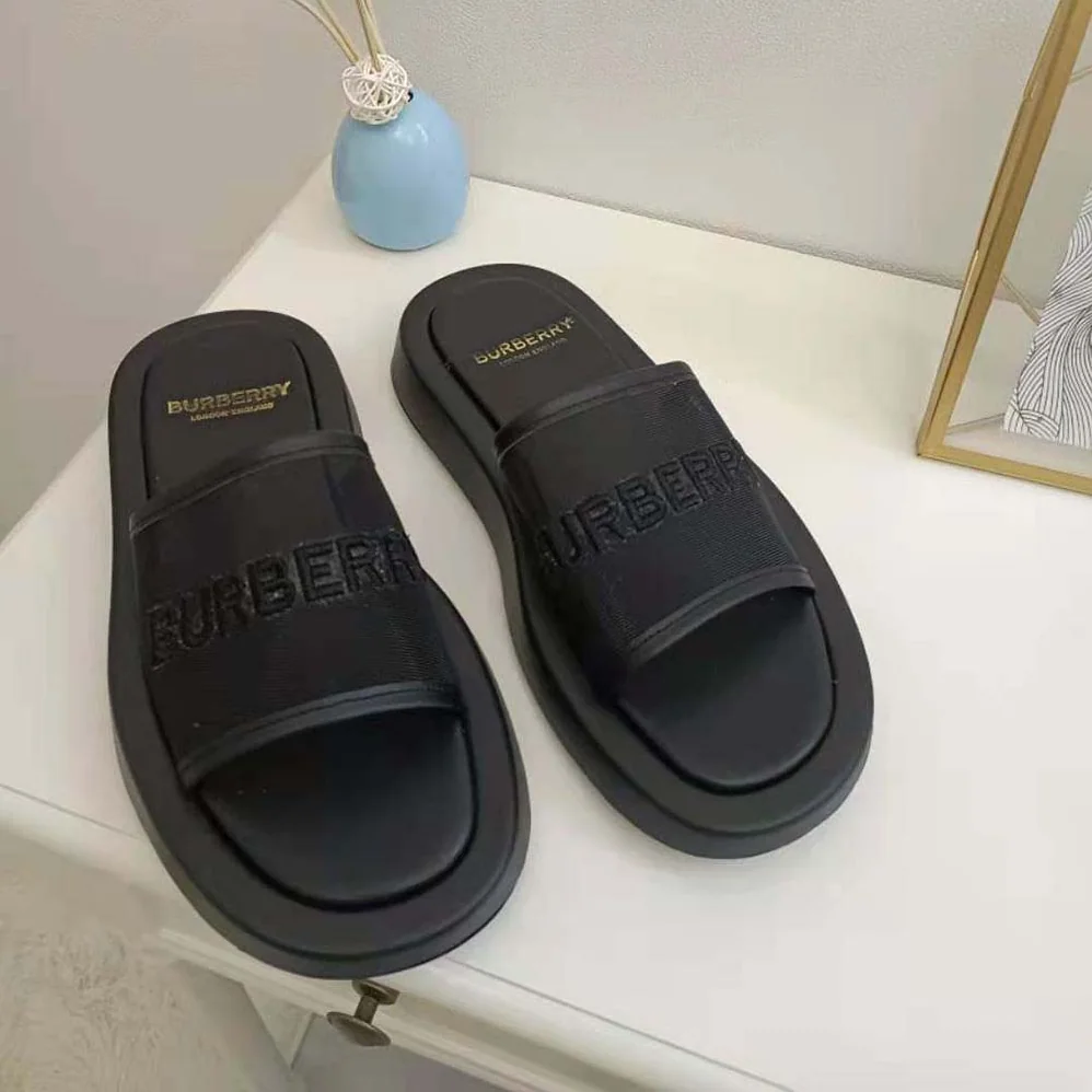 Burberry Embroidered Logo Mesh and Leather Slides for Women Burberry Embroidered Logo Mesh and Leather Slides for Women