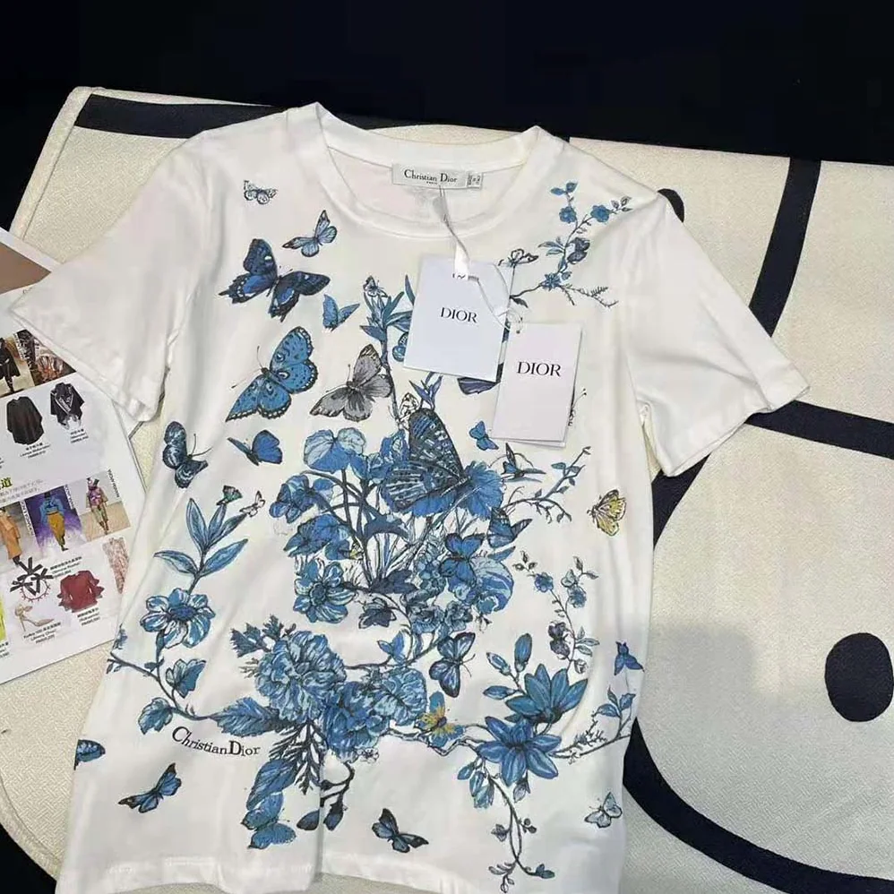 Dior T-Shirt White Cotton Jersey with Pastel Midnight Blue Toile de Jouy Mexico Motif for Women Dior T-Shirt White Cotton Jersey with Pastel Midnight Blue Toile de Jouy Mexico Motif for Women