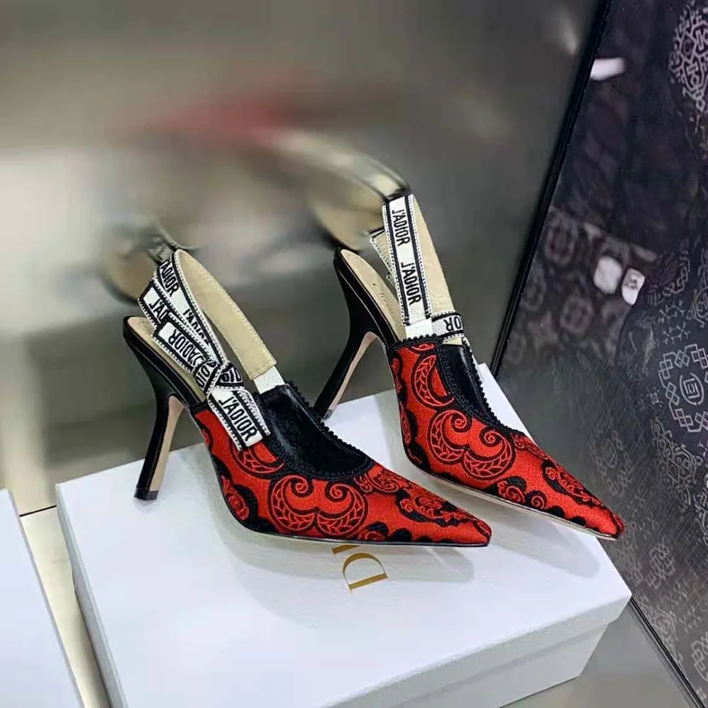 Dior J'Adior Slingback Pump Black and Red Cotton with Dior Bandana Embroidery for Women Dior J'Adior Slingback Pump Black and Red Cotton with Dior Bandana Embroidery for Women
