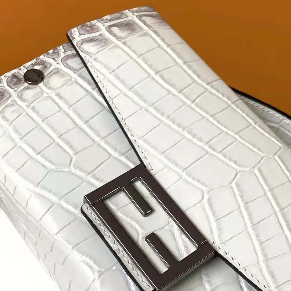 Fendi Soft Trunk Baguette White Nuanced Crocodile Leather Bag for Men